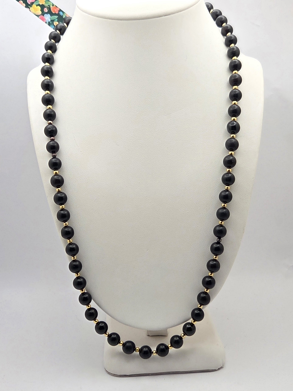 Vintage Black Bead Gold Tone Spacer Strand Necklace Filigree Box Clasp 23"